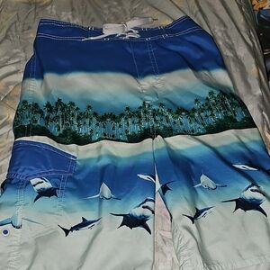 GUC Youth Joe Boxer White Mesh Lined Swim Trunks W/ Sharks And 2 Pockets